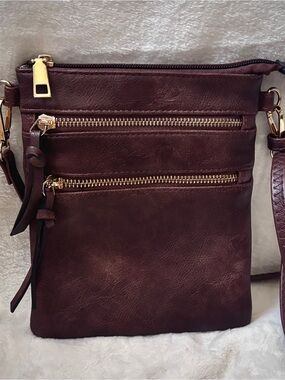 Brown Faux Leather Crossbody Bag Multi Zip Boho Everyday Purse